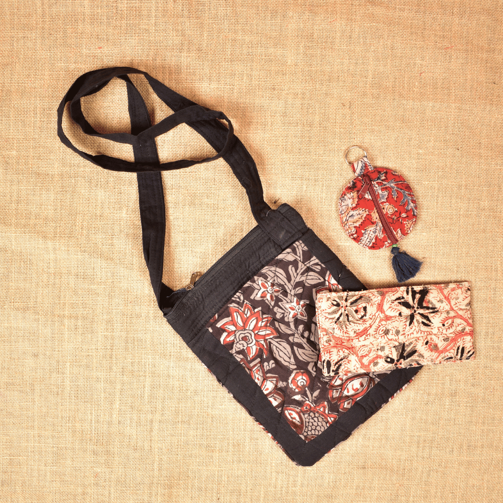 Raksha Bandhan Gift Combo for Sister – Kalamkari Phone Sling, Reading Glass Pouch & Lip Balm Pouch