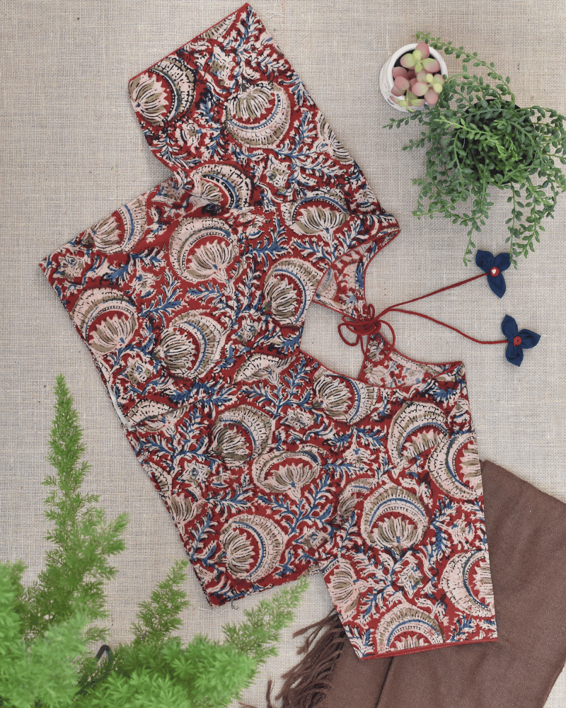 Red kalamkari blouse with flower tassels - Tassels