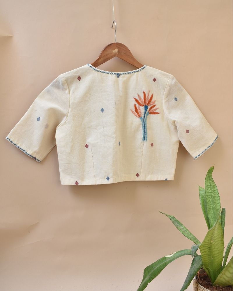 Dandelion motif offwhite jamdani khadi blouse - back