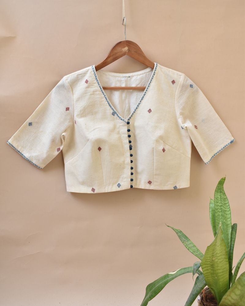 Dandelion motif offwhite jamdani khadi blouse - front