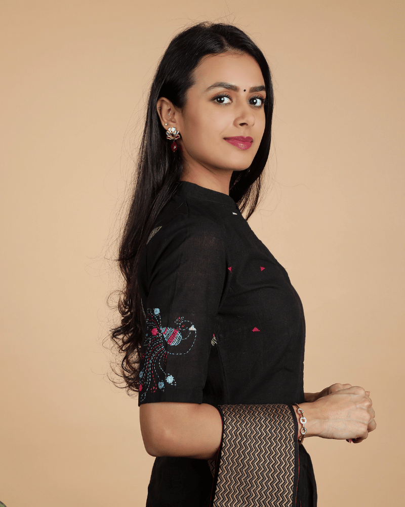 Black Mandarin collar embroidered blouse in khadi cotton - embroidery