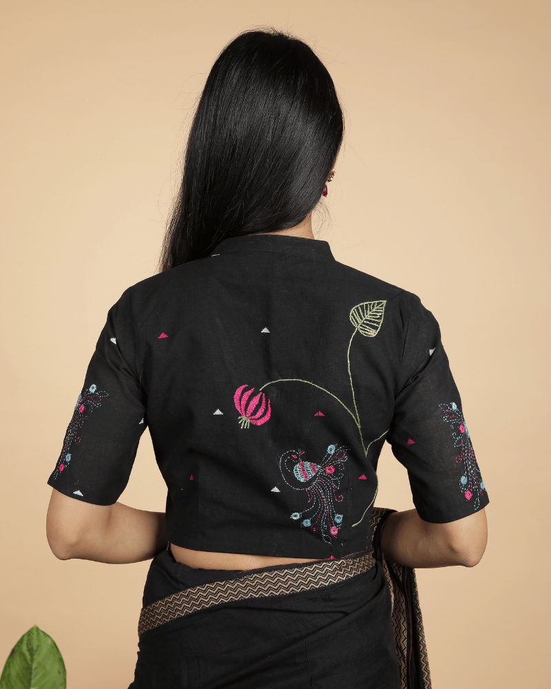Black Mandarin collar embroidered blouse in khadi cotton - back