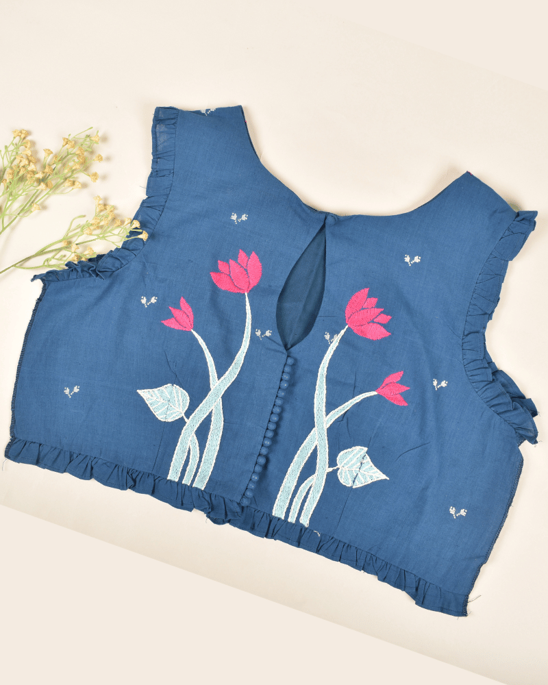 Lotus motif blue jamdani croptop blouse with sleeveless