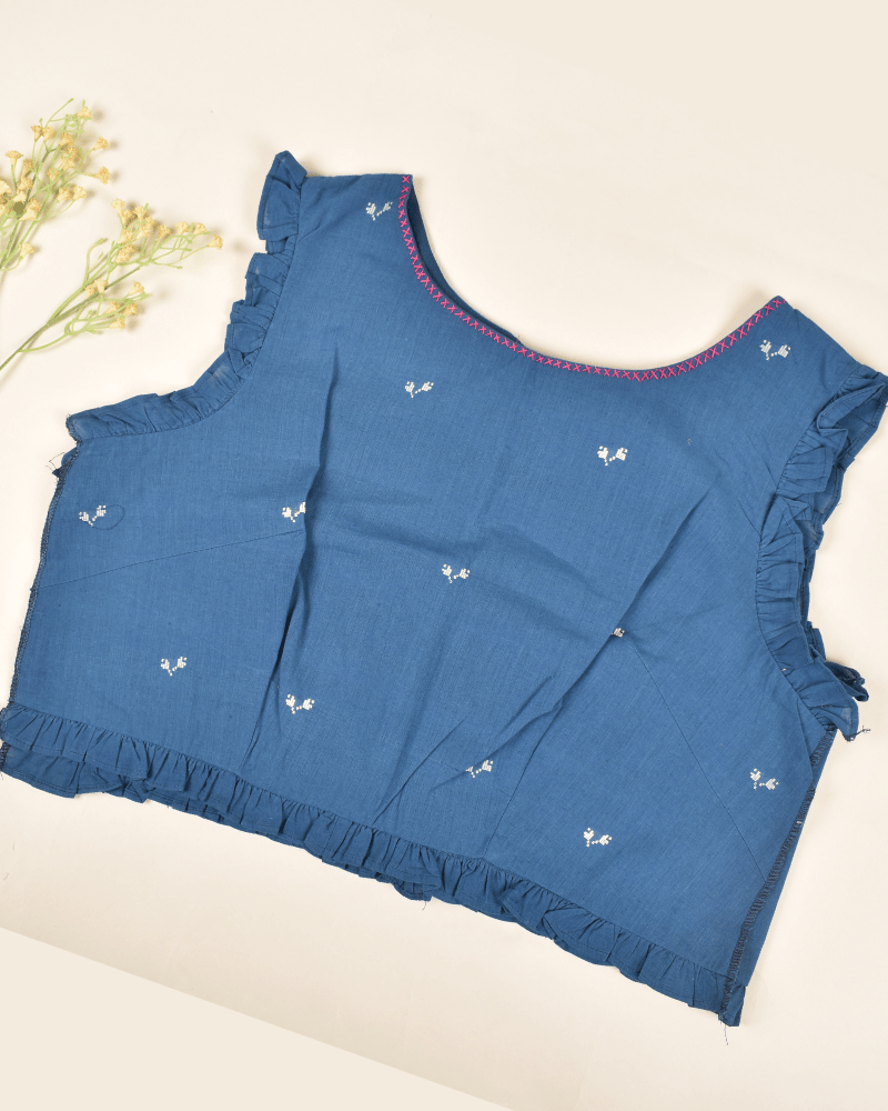 Lotus motif blue jamdani croptop blouse with sleeveless