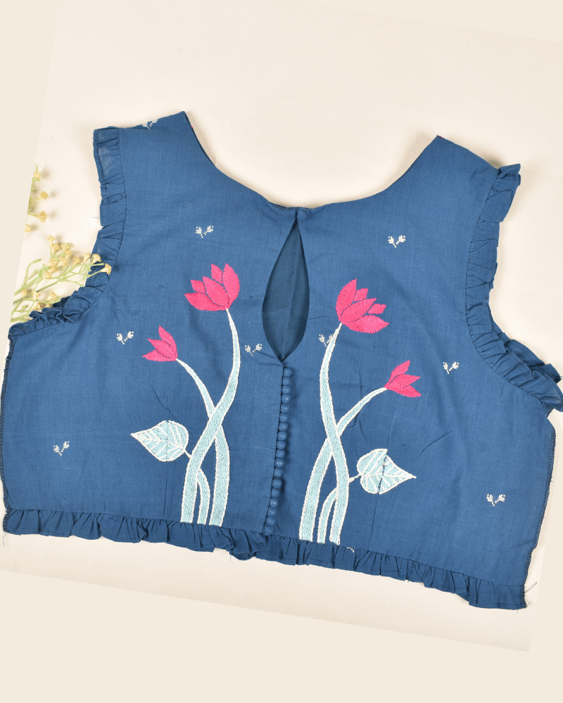 Lotus motif blue jamdani croptop blouse with sleeveless