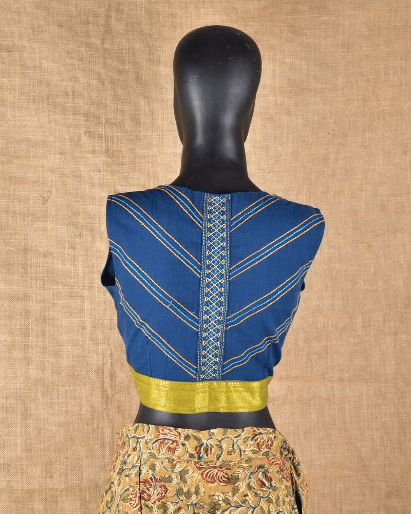 Blue mangalgiri v-neck blouse - embroidery