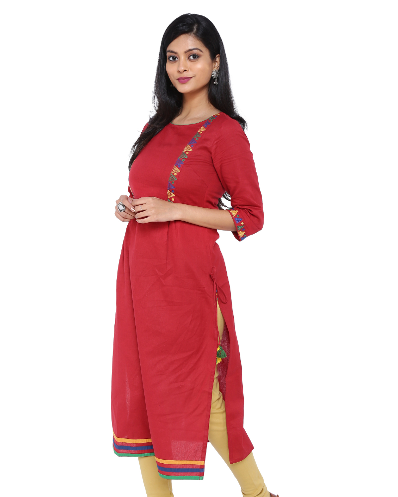 RED LINEN STRAIGHT KURTA WITH SIDE DETAIL DORI