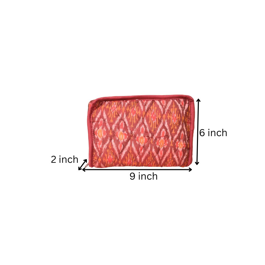 Maroon silk ikat jewellery pouch with 4 zips - dimensions