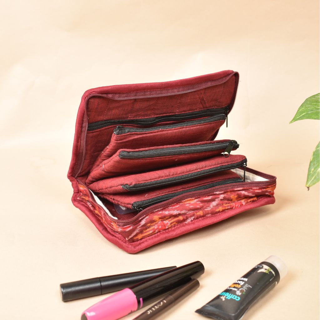 Maroon silk ikat jewellery pouch with 4 zips - zips