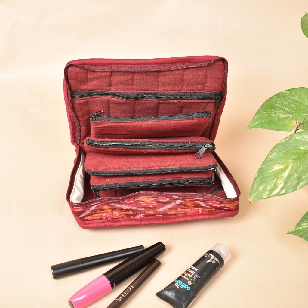 Maroon silk ikat jewellery pouch with 4 zips - inside