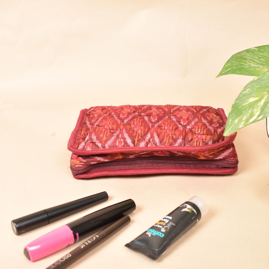 Maroon silk ikat jewellery pouch with 4 zips - zips
