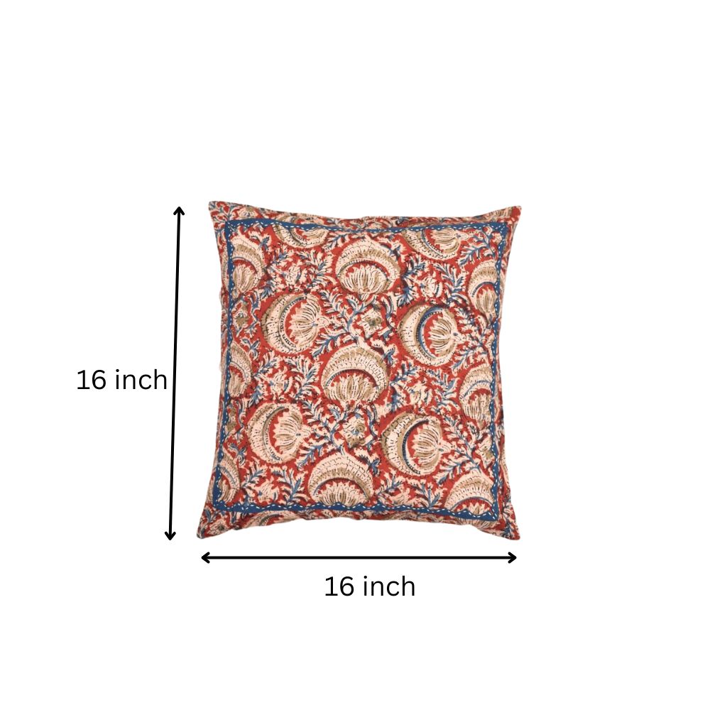 Red Kalamkari cushion cover with applique