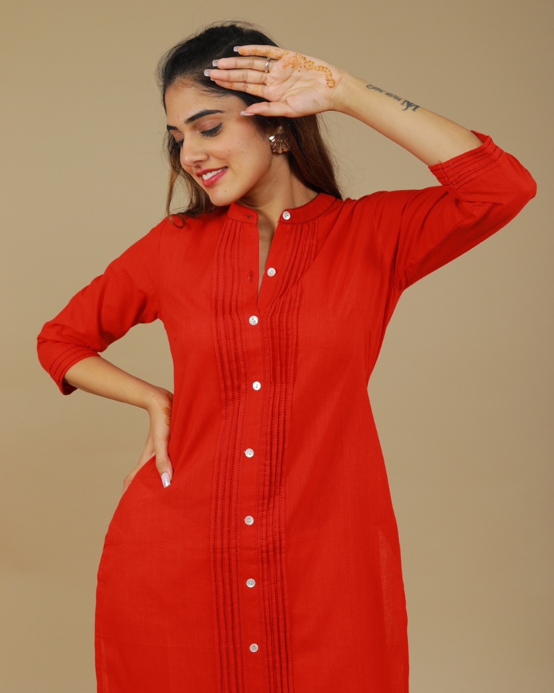 Red Straight Kurta With Pintucks