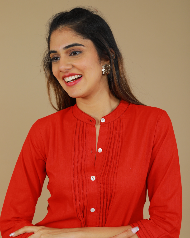 Red Straight Kurta With Pintucks