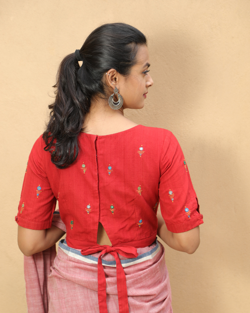 Red handloom blouse with back ties - back