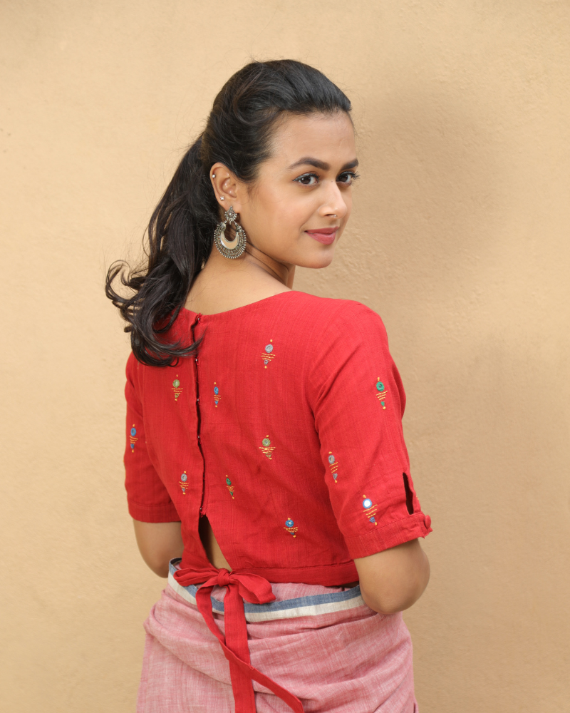 Red handloom blouse with back ties - side