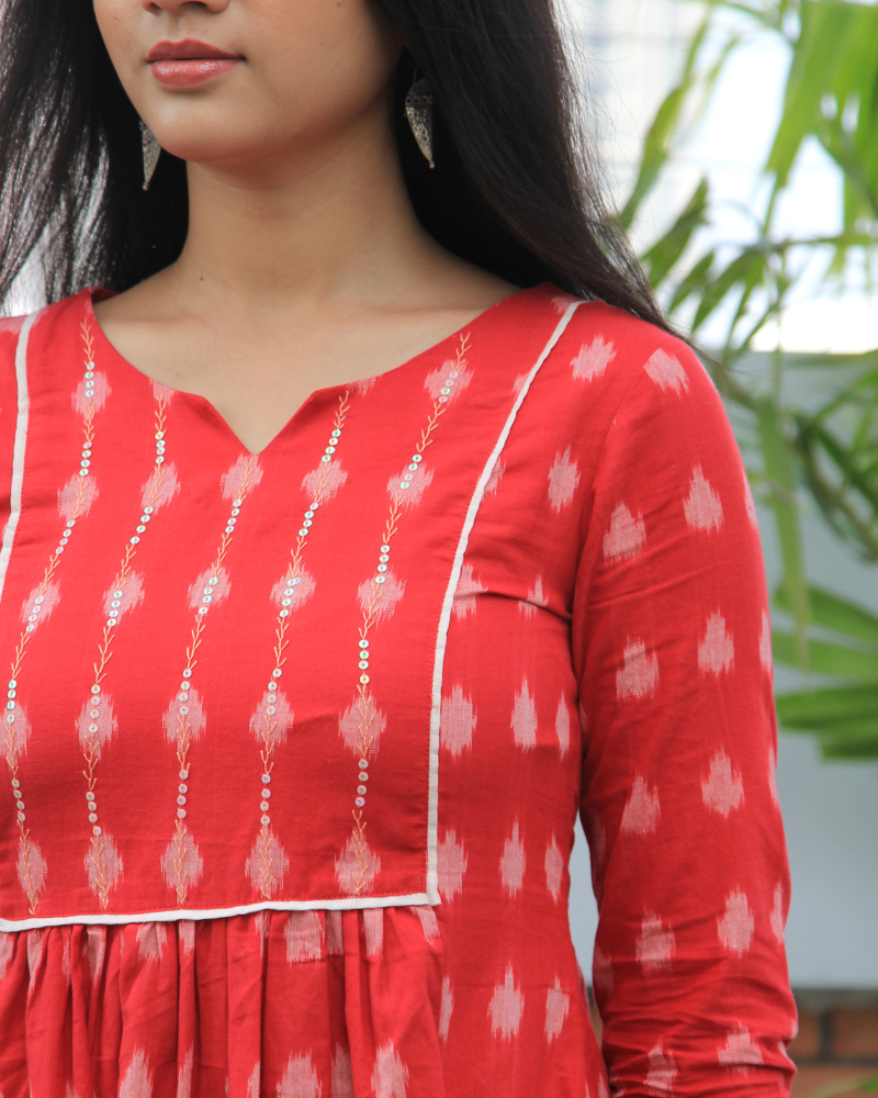 Red ikat Dress With Sequins sleeve
