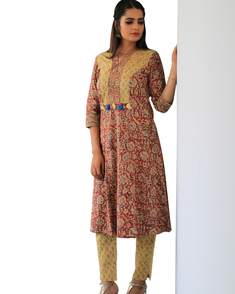 Red kalamkari kurta with matching narrow pants