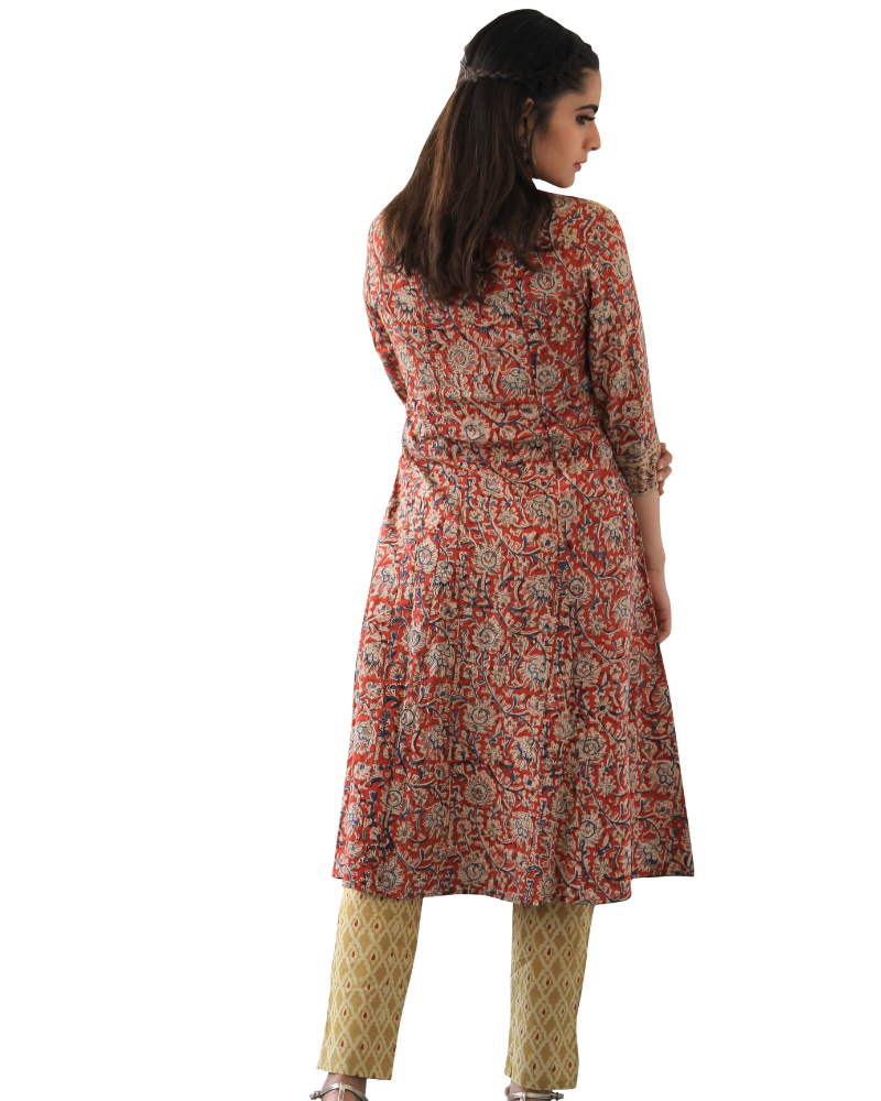 Red kalamkari kurta with matching narrow pants