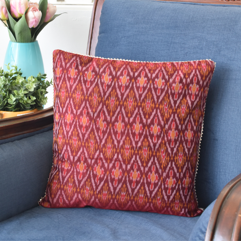 Red silk ikat cushion cover