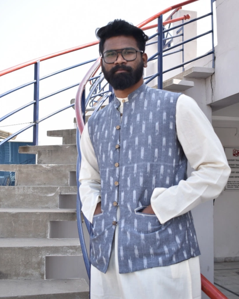 Men Reversible Jacket in Grey Ikat Cotton