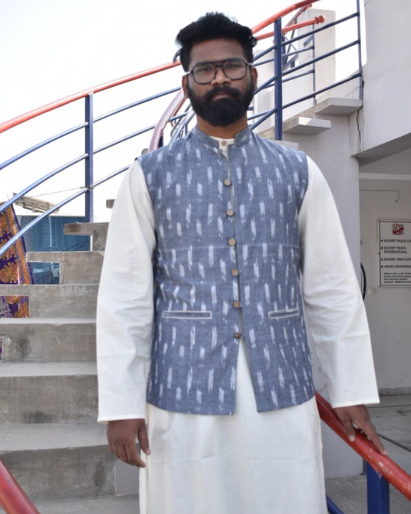 Men Reversible Jacket in Grey Ikat Cotton