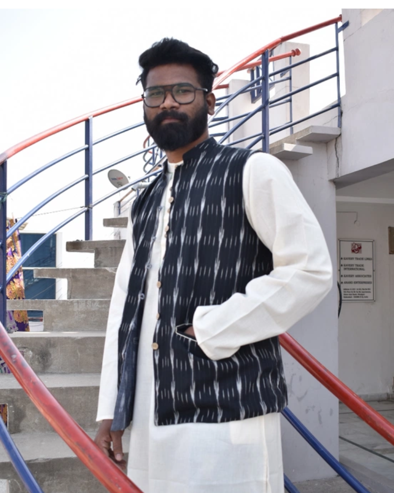 Men Reversible Jacket in Grey Ikat Cotton