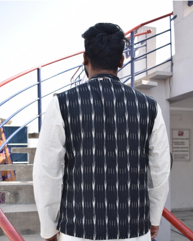 Men Reversible Jacket in Grey Ikat Cotton