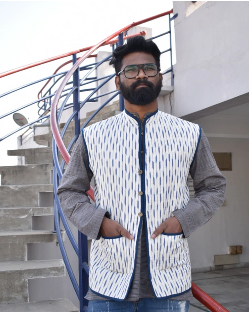 Reversible quilted jacket for men in blue and white ikat cotton