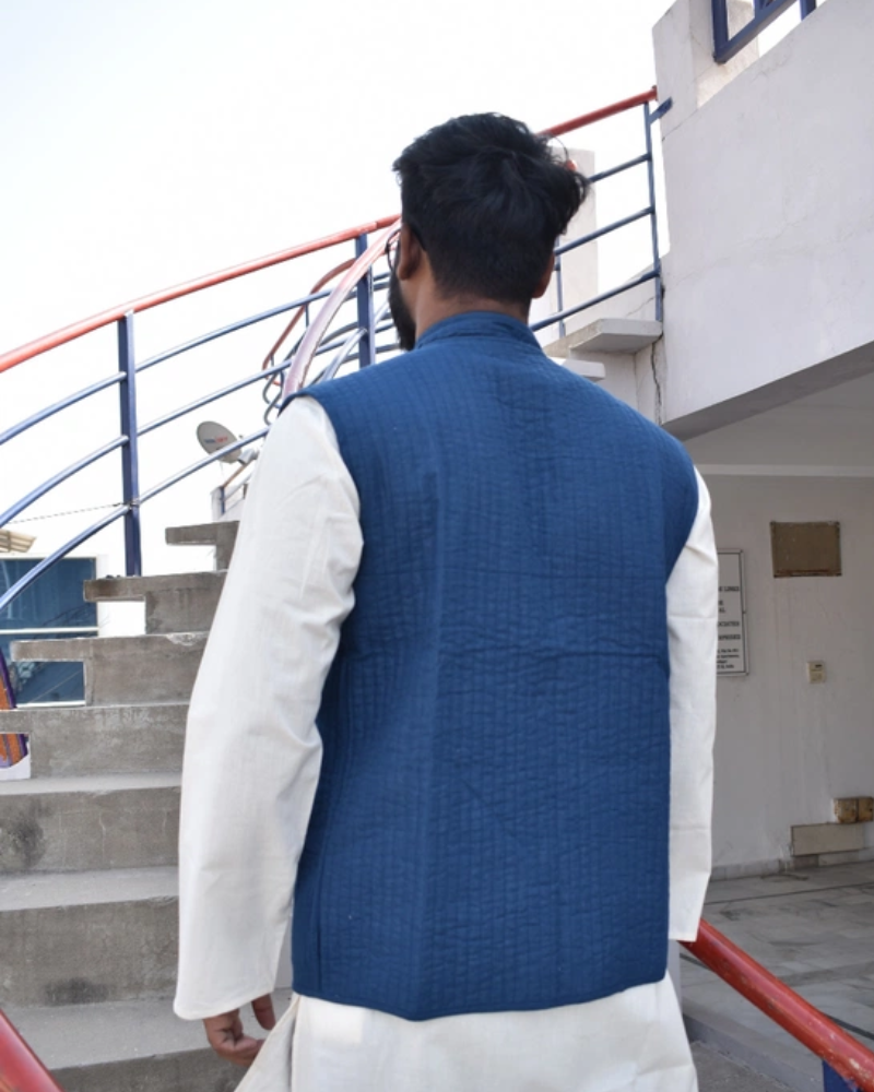 Reversible quilted jacket for men in blue and white ikat cotton