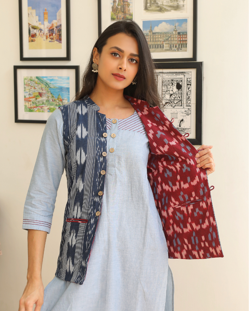 Reversible  jacket in blue & red ikat