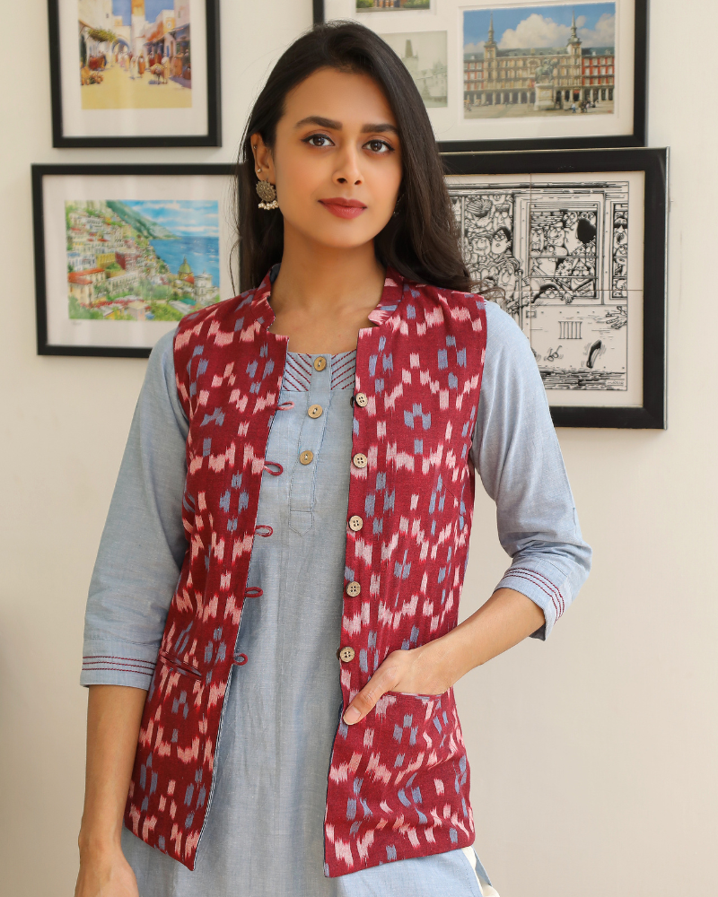 Reversible womens jacket in blue & red ikat