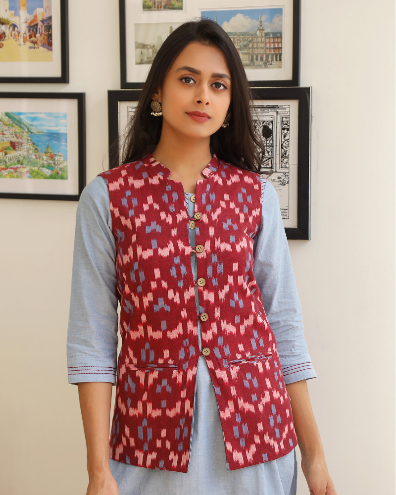 Reversible  jacket in blue & red ikat - red