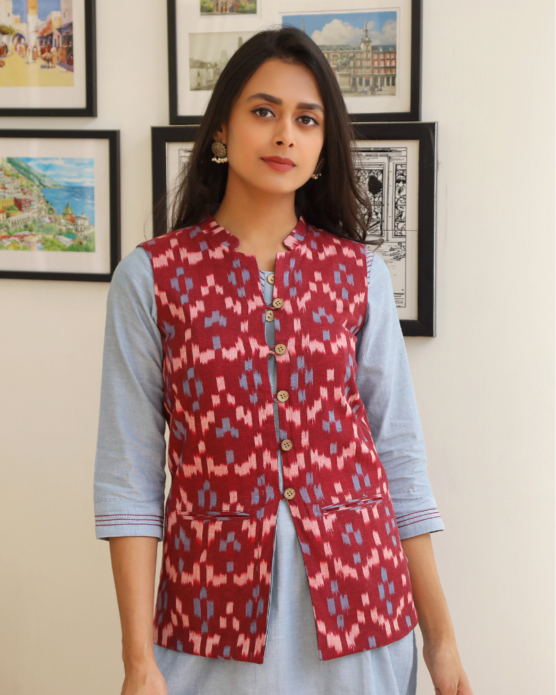 Reversible womens jacket in blue & red ikat