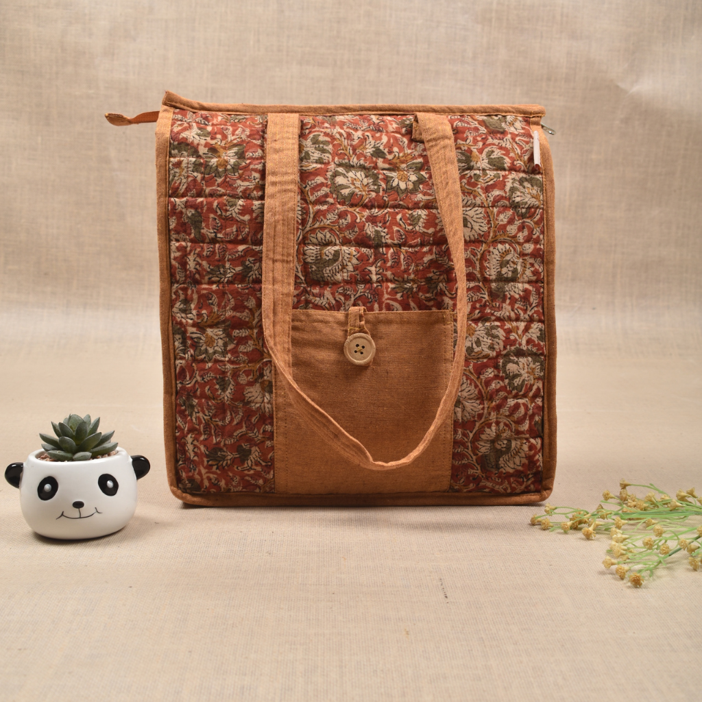 Rust kalamkari quilted tote bag - front