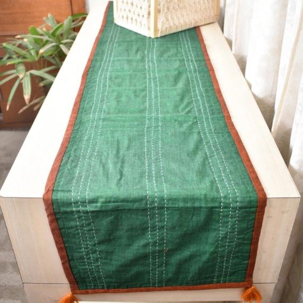 Rust and Green Ikat Reversible Table Runner with Kantha Embroidery