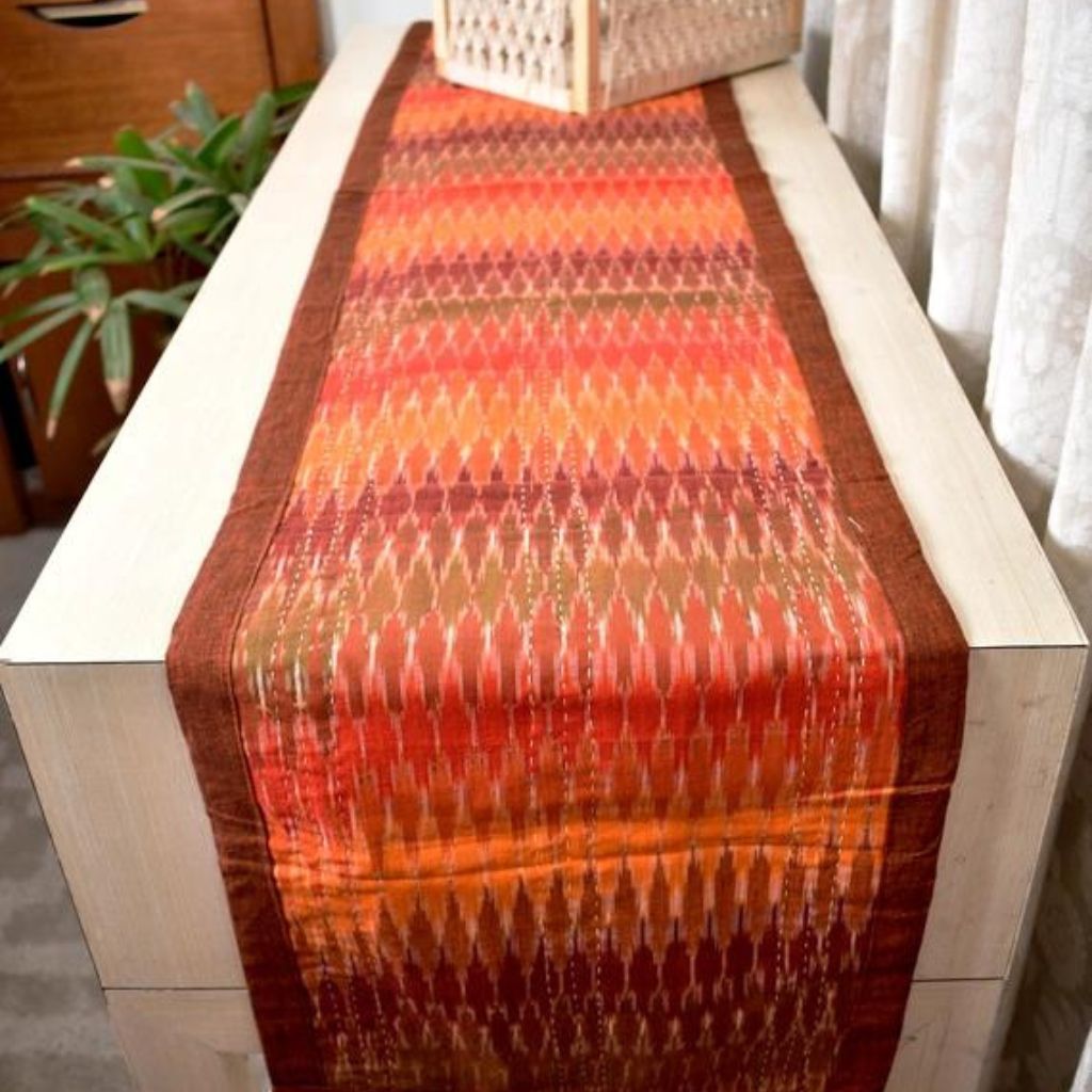 Rust and Green Ikat Reversible Table Runner with Kantha Embroidery