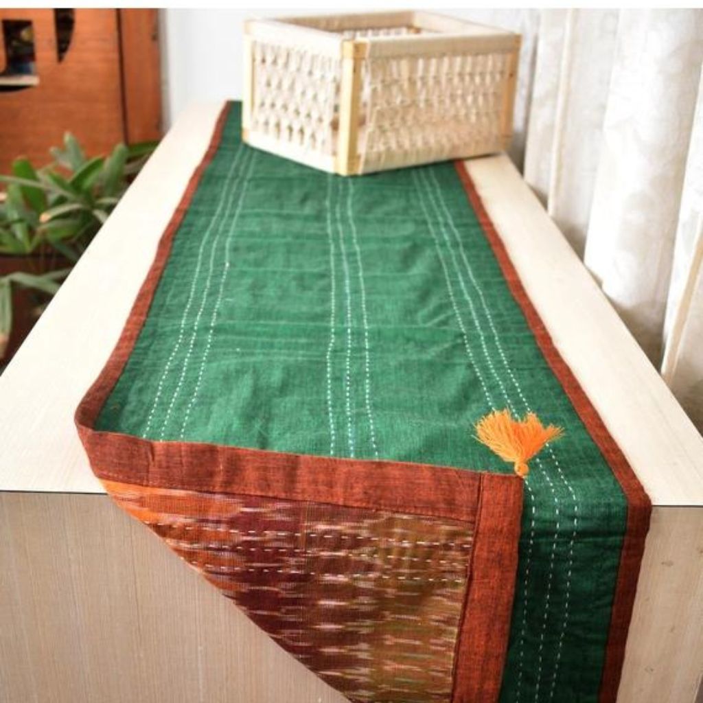 Rust and Green Ikat Reversible Table Runner with Kantha Embroidery