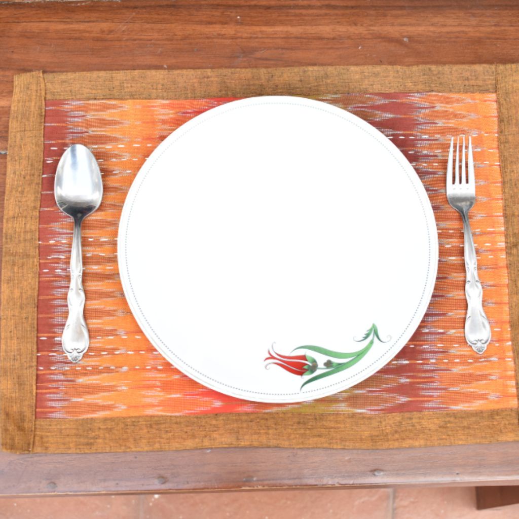 Rust and green ikat table mat set of six