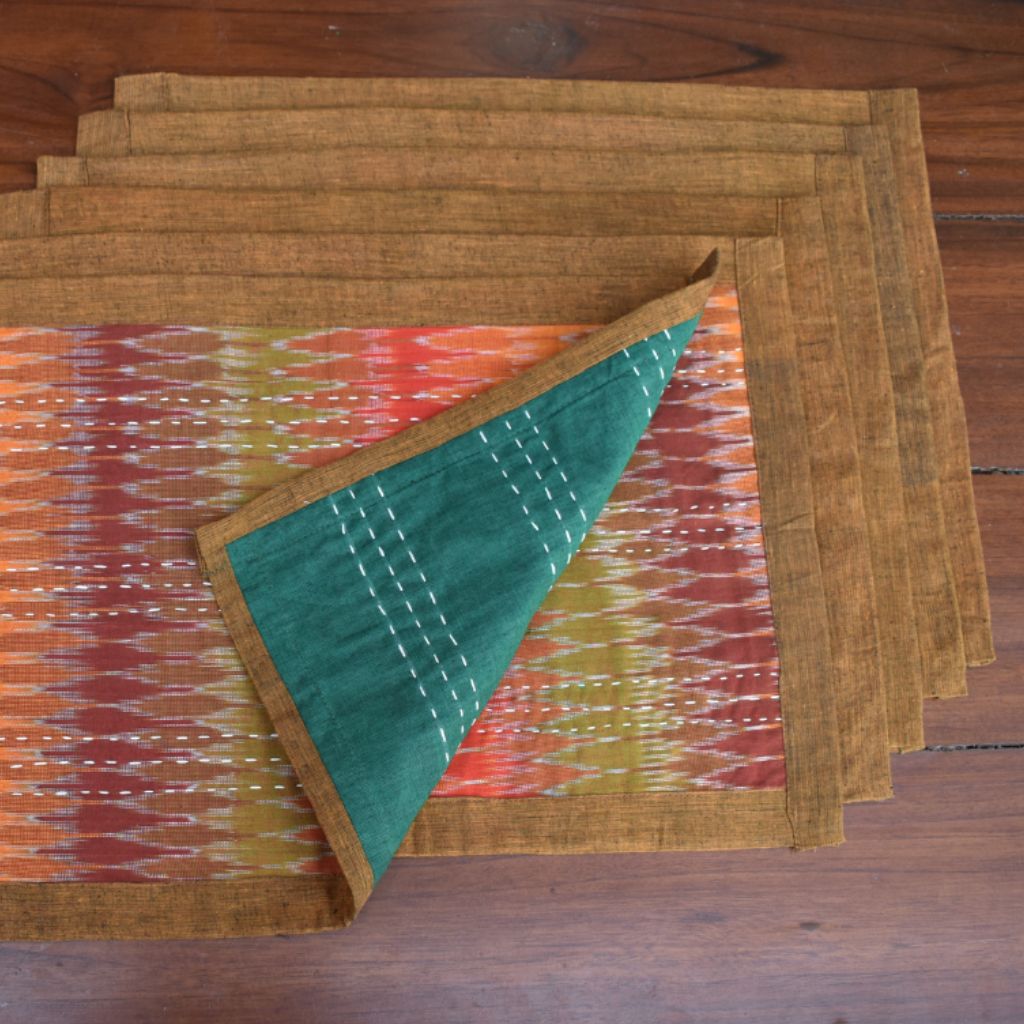 Rust and green ikat table mat set of six