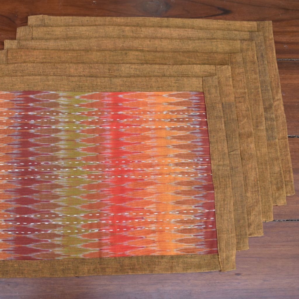 Rust and green ikat table mat set of six