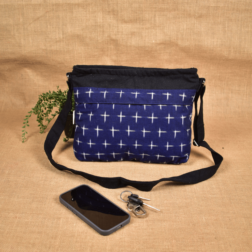 Multi Pocket Canvas Purse With Blue Ikat Fabric - Back