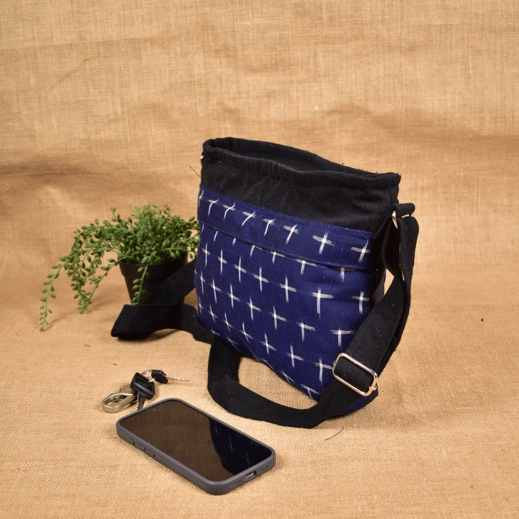 Multi Pocket Canvas Purse With Blue Ikat Fabric - Side