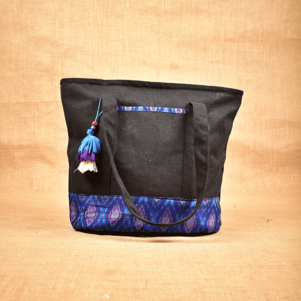Large canvas tote bags with blue ikat cotton - front