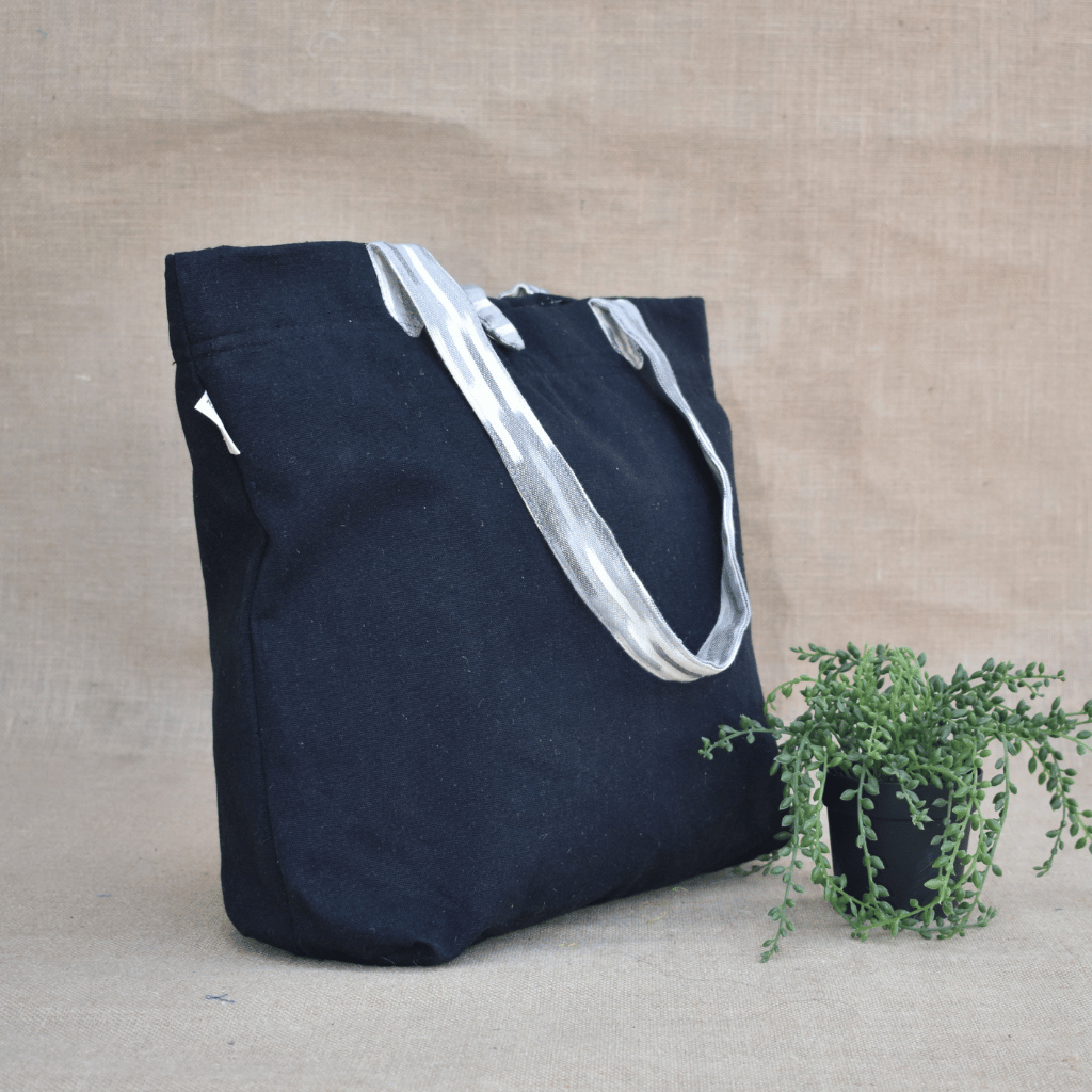 Black Canvas Bag with Grey Ikat Handle - side