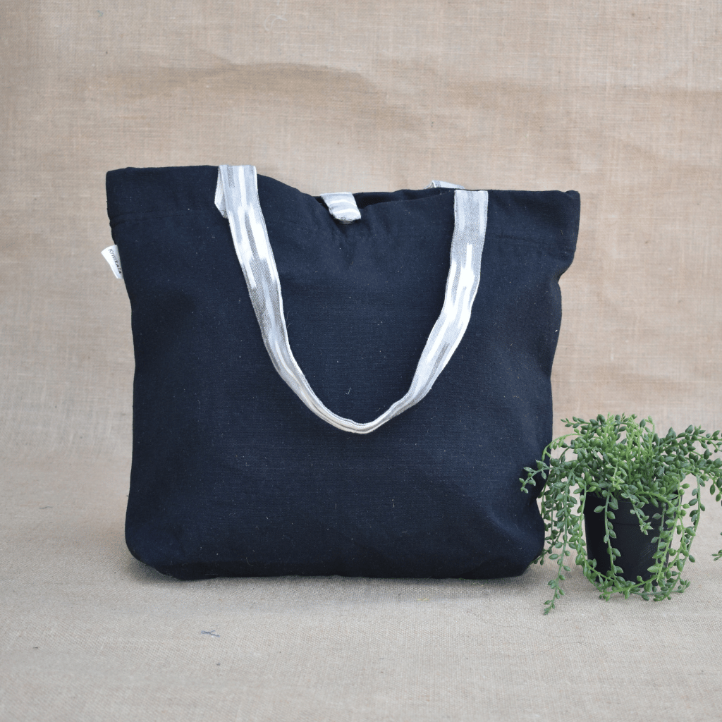 Black Canvas Bag with Grey Ikat Handle - front