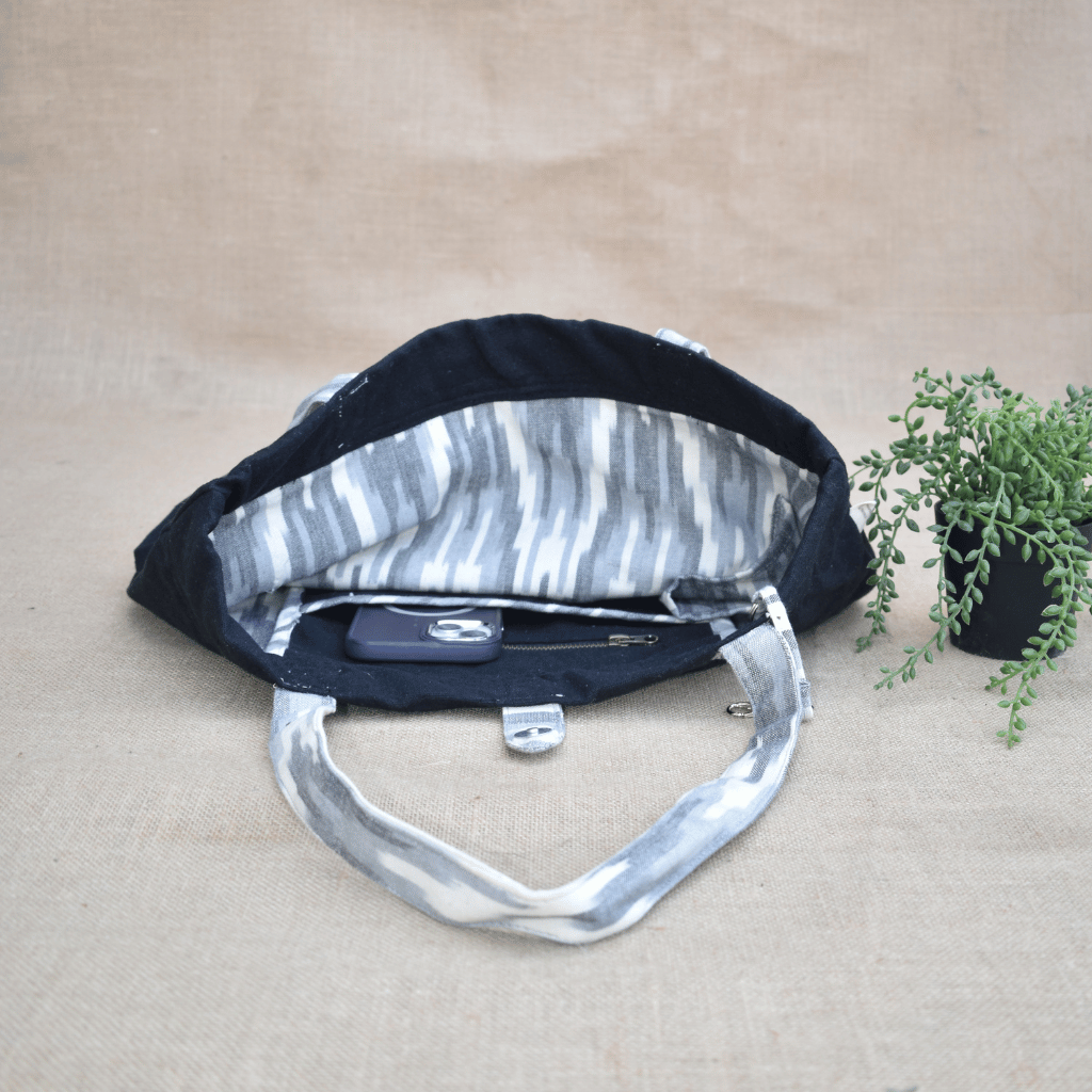 Black Canvas Bag with Grey Ikat Handle - inside