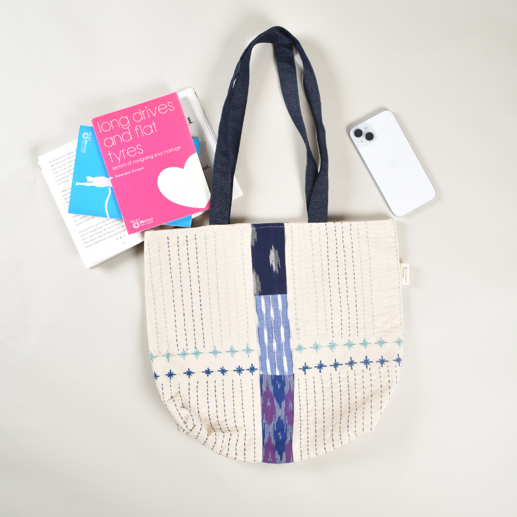 Embroidery White Canvas Tote Bag - flat