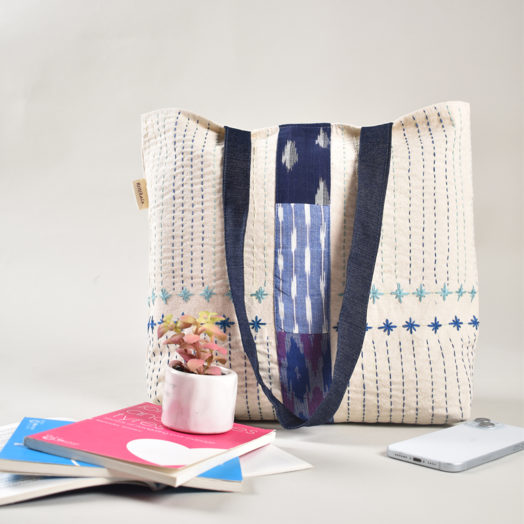 Embroidery White Canvas Tote Bag - front
