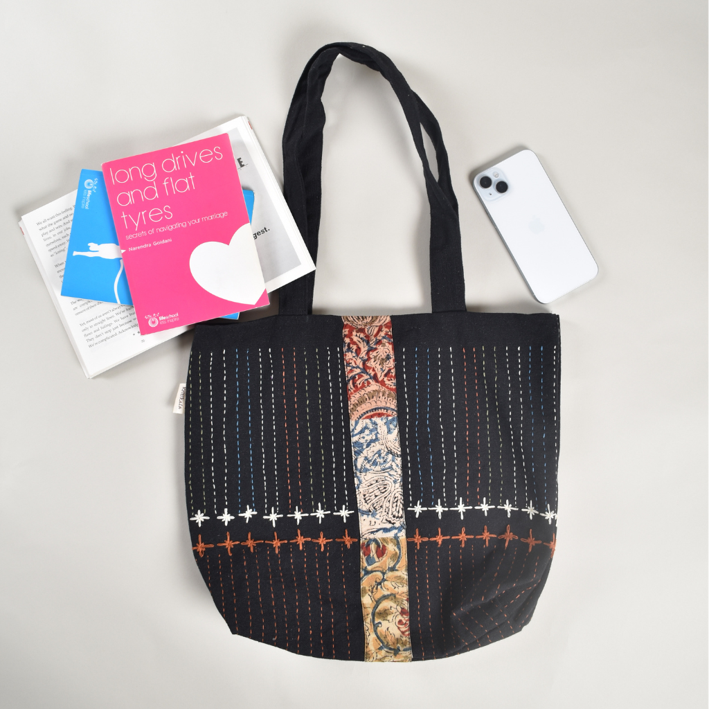 Embroidery Black Canvas Tote Bag - flat